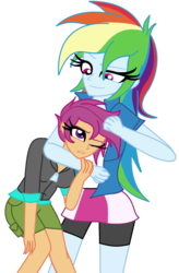 Size: 800x1222 | Tagged: safe, artist:php198, rainbow dash, scootaloo, equestria girls, g4, art trade, clothes, compression shorts, cute, duo, female, noogie, one eye closed, scootalove, shorts, simple background, skirt, transparent background