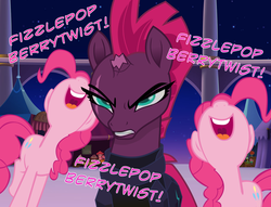 Size: 1415x1080 | Tagged: safe, edit, edited screencap, screencap, fizzlepop berrytwist, pinkie pie, tempest shadow, earth pony, pony, unicorn, g4, my little pony: the movie, the last roundup, angry, annoyed, armor, broken horn, duo, eye scar, female, horn, mare, meme, scar, tempting fate, this will end in pain, triggered