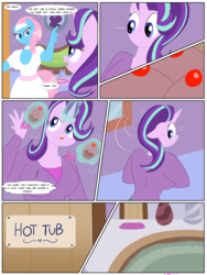 Size: 1620x2160 | Tagged: safe, artist:necrofeline, lotus blossom, starlight glimmer, earth pony, unicorn, anthro, comic:the booty trap 5, series:the booty trap, g4, ..., clothes, comic, couch, cupcake, dialogue, female, food, glowing horn, horn, hot tub, levitation, magic, mare, ponyville spa, rug, sign, spa, speech bubble, telekinesis, thought bubble, uniform