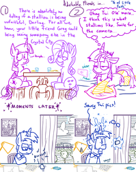 Size: 1280x1611 | Tagged: safe, artist:adorkabletwilightandfriends, rarity, twilight sparkle, oc, oc:greg, alicorn, pony, unicorn, comic:adorkable twilight and friends, g4, adorkable friends, bed, bowtie, cellphone, clothes, comic, dialogue, eating, frazzled, glowing, glowing horn, horn, implied erection, lamp, levitation, lineart, magic, magic aura, phone, pose, sexting, slice of life, smartphone, socks, striped socks, sweat, telekinesis, thump, twilight sparkle (alicorn)