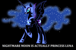 Size: 1668x1100 | Tagged: safe, nightmare moon, alicorn, pony, friendship is magic, g4, black background, captain obvious, ethereal mane, female, late arrival spoiler, mare, op is a slowpoke, raised hoof, simple background, slowpoke, solo, spread wings, starry mane, totally legit season 1 spoilers, wings, you don't say