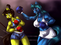 Size: 1000x744 | Tagged: safe, artist:dslycaon, oc, oc only, oc:nina dasher, oc:uppercute, anthro, boxing, boxing gloves, breasts, clothes, midriff, sports, sports bra