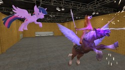 Size: 1280x720 | Tagged: safe, artist:horsesplease, twilight sparkle, oc, oc:sir benjamin, alicorn, dog, horse, pony, shiba inu, g4, 3d, alicornified, disappointed, doge, epona, facehoof, generic epona, gmod, laser, magic, magic blast, pew pew, race swap, scimitar, sword, the legend of zelda, this will end in pain, this will end in tears, twilight sparkle (alicorn), upset, weapon