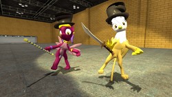 Size: 1280x720 | Tagged: safe, artist:horsesplease, gilda, the sphinx, griffon, sphinx, g4, 3d, bipedal, dancing, gmod, hat, i've seen some shit, pole, scimitar, spotlight, spread wings, sword, tap dancing, thousand yard stare, top hat, weapon, wings