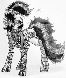 Size: 2632x3103 | Tagged: safe, artist:brainiac, oc, oc only, oc:blackjack, cyborg, pony, unicorn, fallout equestria, amputee, armor, black and white, collar, compact horn, cybernetic legs, female, floppy ears, grayscale, high res, horn, ink, inktober, inktober 2017, mare, monochrome, robot legs, solo, traditional art