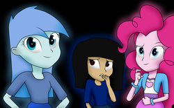 Size: 4000x2500 | Tagged: safe, artist:vicakukac200, pinkie pie, oc, oc:reese, oc:snowstorm, equestria girls, g4, black background, clothes, equestria girls-ified, high res, shirt, simple background, smiling, trio