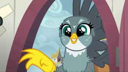 Size: 1920x1080 | Tagged: safe, screencap, gabby, griffon, g4, the fault in our cutie marks, claw, cute, door, female, gabbybetes, griffon teeth, griffonstone, grin, happy, smiling, solo, spread wings, wings