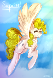 Size: 1024x1504 | Tagged: safe, artist:sakishithewolf, surprise, pony, g1, female, flying, one eye closed, solo, wink