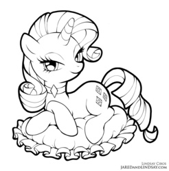 Size: 788x800 | Tagged: safe, artist:lindsay cibos, rarity, pony, unicorn, g4, black and white, choker, cushion, female, grayscale, lidded eyes, looking at you, lying, mare, monochrome, simple background, smiling, solo, white background