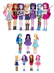 Size: 1201x1611 | Tagged: safe, applejack, fluttershy, pinkie pie, rainbow dash, rarity, sci-twi, sunset shimmer, twilight sparkle, equestria girls, g4, my little pony equestria girls: better together, boots, clothes, comparison, doll, dress, female, irl, merchandise, photo, shirt, shoes, skirt, toy