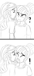 Size: 893x1974 | Tagged: safe, artist:pshyzomancer, sci-twi, sunset shimmer, twilight sparkle, equestria girls, g4, :o, confused, exclamation point, eyes closed, female, frown, lesbian, licking, lineart, monochrome, open mouth, ship:sci-twishimmer, ship:sunsetsparkle, shipping, simple background, sniffing, surprised, tongue out, white background