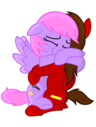 Size: 1200x1600 | Tagged: safe, artist:toyminator900, oc, oc only, oc:chip, oc:melody notes, pegasus, pony, duo, hug, simple background, smiling, transparent background