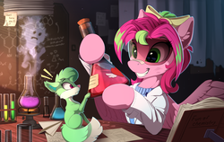 Size: 2400x1515 | Tagged: safe, artist:yakovlev-vad, oc, oc only, oc:gadget, oc:precious metal, ghost, pegasus, pony, book, chemistry, clothes, female, friends, goggles, grin, lab coat, mare, pale belly, patreon, patreon reward, potion, safety goggles, smiling