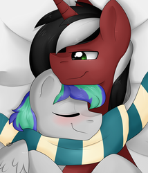 Size: 3000x3500 | Tagged: safe, artist:lionbun, oc, oc only, oc:phantom, oc:storm feather, pegasus, pony, bed, blushing, clothes, cuddling, eyes closed, gay, high res, male, red and black oc, scarf, shared clothing, shared scarf
