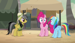 Size: 1280x738 | Tagged: safe, screencap, daring do, pinkie pie, rainbow dash, daring done?, g4, looking at each other, somnambula (location)
