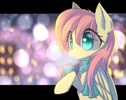 Size: 3300x2631 | Tagged: safe, artist:kawaiipony2, fluttershy, pegasus, pony, g4, clothes, coffee, cup, cute, female, high res, mare, scarf, shyabetes, solo, steam