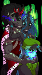 Size: 1000x1780 | Tagged: safe, artist:tyelle, king sombra, queen chrysalis, changeling, changeling queen, unicorn, anthro, p<3nies, g4, armpits, crystal heart, duo, female, male, ship:chrysombra, shipping, stallion, straight, unholy matrimony