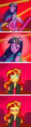 Size: 1280x5170 | Tagged: safe, artist:puffpink, sunset shimmer, twilight sparkle, equestria girls, g4, my little pony equestria girls: rainbow rocks, blushing, comic, cute, female, horn, lesbian, looking at each other, microphone, ponied up, shimmerbetes, ship:sunsetsparkle, shipping, smiling, tsundere, tsunset shimmer, twilight sparkle (alicorn)