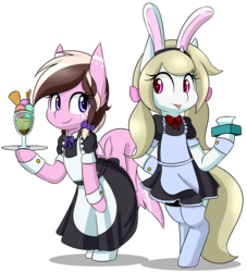 Size: 2000x2200 | Tagged: safe, artist:rice, oc, oc only, oc:ashee, oc:cherry blossom, original species, pony, shark pony, unicorn, semi-anthro, bipedal, bunny ears, clothes, cuffs (clothes), female, food, high res, ice cream, maid, mare, simple background, stockings, thigh highs, transparent background, tray