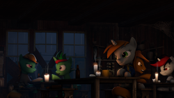 Size: 1920x1080 | Tagged: safe, artist:neondion60, oc, oc only, oc:blackjack, oc:calamity, oc:littlepip, pegasus, pony, unicorn, fallout equestria, 3d, bottle, candle, clothes, dashite, fanfic, fanfic art, female, hat, hooves, horn, jumpsuit, male, mare, mug, open mouth, pipbuck, sitting, smiling, smoke, source filmmaker, stallion, table, tankard, teeth, vault suit, window, wings