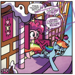 Size: 718x717 | Tagged: safe, artist:agnesgarbowska, idw, pinkie pie, rainbow dash, g4, secrets and pies, spoiler:comic, spoiler:comic59, out of context, preview, sugarcube corner, watermark
