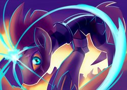 Size: 1400x989 | Tagged: safe, artist:edowaado, tempest shadow, pony, unicorn, g4, my little pony: the movie, broken horn, eye scar, female, horn, looking at you, magic, scar, scar on the wrong side, shrunken pupils, solo, sparking horn