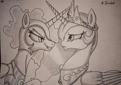 Size: 951x666 | Tagged: safe, artist:jeki, nightmare moon, princess celestia, alicorn, pony, g4, crown, evil smile, female, grin, helmet, inktober, jewelry, looking at each other, mare, regalia, sisters, smiling, traditional art
