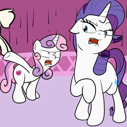 Size: 2500x2500 | Tagged: safe, artist:bennimarru, derpibooru exclusive, rarity, sweetie belle, pony, unicorn, g4, angry, argument, carousel boutique, cutie mark, female, fight, high res, mannequin, siblings, sisters, the cmc's cutie marks