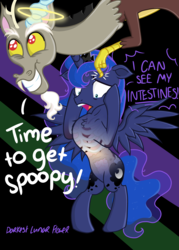 Size: 3445x4823 | Tagged: safe, artist:darkest-lunar-flower, discord, princess luna, alicorn, draconequus, pony, g4, belly, bipedal, cute, discord being discord, discute, female, guts, halo, heart, intestines, kidney, liver, looking at belly, looking down, lungs, male, mare, organs, rearing, ribs, see-through, signature, slender, spoopy, stomach, thin, transparent flesh