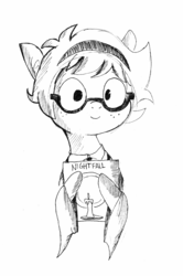 Size: 2340x3528 | Tagged: safe, artist:tjpones, earth pony, pony, black and white, book, bust, cute, freckles, glasses, grayscale, hairband, high res, hoof hold, inktober, little witch academia, lotte jansson, monochrome, nightfall, ponified, simple background, solo, traditional art, white background