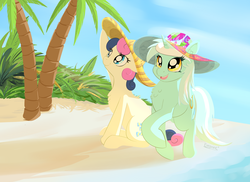 Size: 2200x1600 | Tagged: safe, artist:cheshiresdesires, bon bon, lyra heartstrings, sweetie drops, earth pony, pony, unicorn, g4, beach, chest fluff, duo, female, hat, mare, palm tree, smiling, sun hat, tree