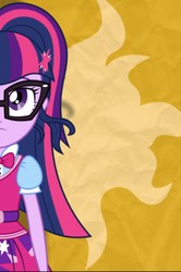 Size: 1080x1631 | Tagged: safe, artist:spottedlions, edit, sci-twi, sunset shimmer, twilight sparkle, equestria girls, g4, cropped, cutie mark background, female, solo, sun