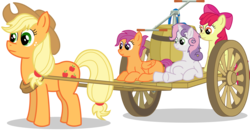 Size: 2110x1103 | Tagged: safe, artist:malte279, apple bloom, applejack, scootaloo, sweetie belle, earth pony, pegasus, pony, unicorn, g4, cart, cutie mark crusaders, female, filly, foal, free to use, mare, simple background, transparent background, vector