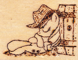 Size: 685x528 | Tagged: safe, artist:malte279, applejack, g4, pyrography, sleeping, traditional art