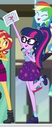 Size: 338x818 | Tagged: safe, screencap, rainbow dash, sci-twi, sunset shimmer, twilight sparkle, equestria girls, g4, my little pony equestria girls: better together, the finals countdown, a++, boots, clothes, converse, cropped, eyes closed, female, geode of super speed, glasses, grades, how, intelligence, intelligent, magical geodes, nerd, offscreen character, ponytail, shoes, skirt, smart, socks, success
