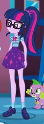 Size: 260x720 | Tagged: safe, screencap, sci-twi, spike, spike the regular dog, twilight sparkle, dog, equestria girls, g4, my little pony equestria girls: better together, clothes, cropped, geode of telekinesis, glasses, ponytail, shoes, skirt, smiling, socks