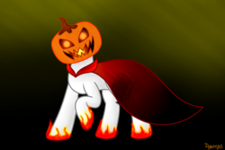 Size: 1200x800 | Tagged: safe, artist:dyonys, oc, oc only, oc:pyromane, clothes, costume, fire, halloween, holiday, jack-o-lantern, male, pumpkin, pumpkinhead, stallion