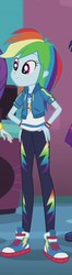 Size: 259x975 | Tagged: safe, screencap, rainbow dash, sci-twi, twilight sparkle, a fine line, equestria girls, g4, my little pony equestria girls: better together, clothes, converse, cropped, female, geode of super speed, jacket, magical geodes, pants, shoes, smiling, sneakers