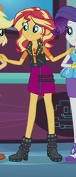 Size: 369x863 | Tagged: safe, screencap, applejack, rarity, sunset shimmer, a fine line, equestria girls, g4, my little pony equestria girls: better together, boots, clothes, cropped, female, geode of empathy, geode of shielding, high heel boots, jacket, leather jacket, offscreen character, shoes, skirt, smiling