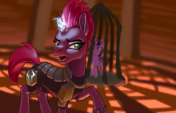 Size: 3587x2293 | Tagged: safe, artist:nadnerbd, tempest shadow, twilight sparkle, alicorn, pony, unicorn, g4, my little pony: the movie, armor, blurry background, broken horn, cage, concave belly, duo, female, glowing, glowing horn, high res, horn, mare, open mouth, open up your eyes, raised hoof, raised leg, scene interpretation, singing, slender, sparking horn, thin, turned head, twilight sparkle (alicorn)
