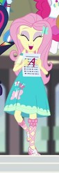 Size: 244x717 | Tagged: safe, screencap, fluttershy, pinkie pie, rainbow dash, sci-twi, twilight sparkle, equestria girls, g4, my little pony equestria girls: better together, the finals countdown, a, clothes, cropped, cute, eyes closed, female, geode of sugar bombs, grades, happy, offscreen character, sandals, shyabetes, skirt, smiling, success