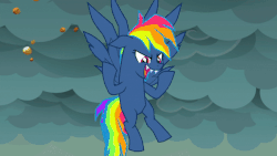 Size: 600x338 | Tagged: safe, screencap, rainbow dash, pegasus, pony, g4, secrets and pies, adorapiehater, animated, cloud, cloudy, cute, dramatic, evil, evil laugh, evil pie hater dash, female, gif, laughing, lightning, nightmare, nose in the air, pure unfiltered evil, reaction image, sharp teeth, solo, teeth, volumetric mouth, zoom