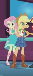 Size: 470x1080 | Tagged: safe, applejack, fluttershy, a fine line, equestria girls, g4, my little pony equestria girls: better together, boots, clothes, cowboy boots, cowboy hat, cropped, cute, female, geode of fauna, geode of super strength, hairpin, hat, sandals, shoes, smiling