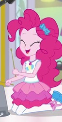 Size: 353x690 | Tagged: safe, screencap, pinkie pie, a fine line, equestria girls, g4, my little pony equestria girls: better together, bucket, clothes, cropped, cute, diapinkes, drumsticks, eyes closed, female, geode of sugar bombs, happy, kneeling, open mouth, pantyhose, rah rah skirt, skirt, smiling, solo