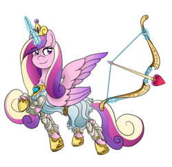Size: 3600x3500 | Tagged: safe, artist:ghouleh, derpibooru exclusive, princess cadance, alicorn, pony, g4, armor, arrow, bow (weapon), bow and arrow, clothes, crown, female, heart arrow, high res, inktober, jewelry, magic, mare, regalia, simple background, solo, telekinesis, transparent background, weapon
