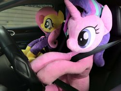 Size: 1199x899 | Tagged: safe, artist:nekokevin, fluttershy, starlight glimmer, pegasus, pony, unicorn, series:nekokevin's glimmy, g4, car, car interior, clothes, cute, driving, duo, female, glimmerbetes, irl, life size, mare, photo, plushie, seatbelt, shyabetes, sitting, smiling, steering wheel, sweater, sweatershy, this will not end well