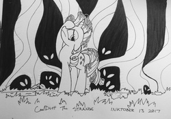 Size: 1280x891 | Tagged: safe, artist:coaldustthestrange, rarity, pony, unicorn, g4, it isn't the mane thing about you, female, hair, inktober, menacing eyes, sill string, solo, traditional art