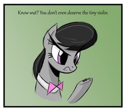 Size: 3120x2760 | Tagged: safe, anonymous artist, octavia melody, earth pony, pony, g4, 4chan, bowtie, drawthread, female, funny, high res, mare, neo yokio, octavia is not amused, simple background, solo, spongebob squarepants, unamused, world's smallest violin
