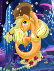 Size: 720x937 | Tagged: safe, artist:texasuberalles, applejack, earth pony, seapony (g4), g4, my little pony: the movie, applejack's hat, bioluminescent, bubble, coral, cowboy hat, dorsal fin, female, fin, fish tail, flowing mane, flowing tail, hat, looking up, mare, ocean, scales, seaponified, seapony applejack, seaquestria, seaweed, solo, species swap, swimming, tail, underwater, unshorn fetlocks, water