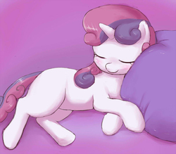 Size: 800x700 | Tagged: safe, artist:bauru, sweetie belle, pony, unicorn, g4, blank flank, blushing, cute, diasweetes, eyes closed, female, filly, gradient background, lying down, on side, pillow, pink background, prone, simple background, sleeping, smiling, solo